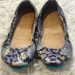 Tieks Women's Snakeskin Flats in Purple, Gold, and Black size 10